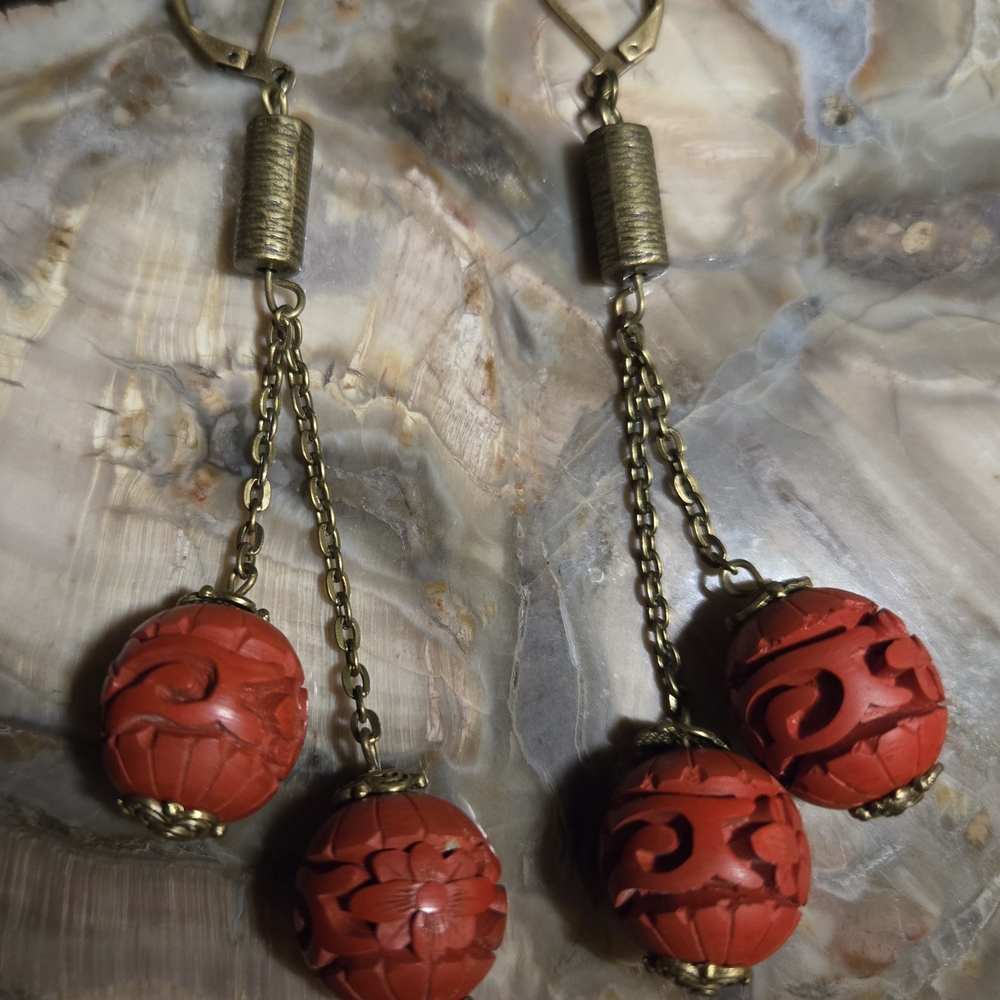 Artisan Vintage Cinnabar And Antique Brass Earrings